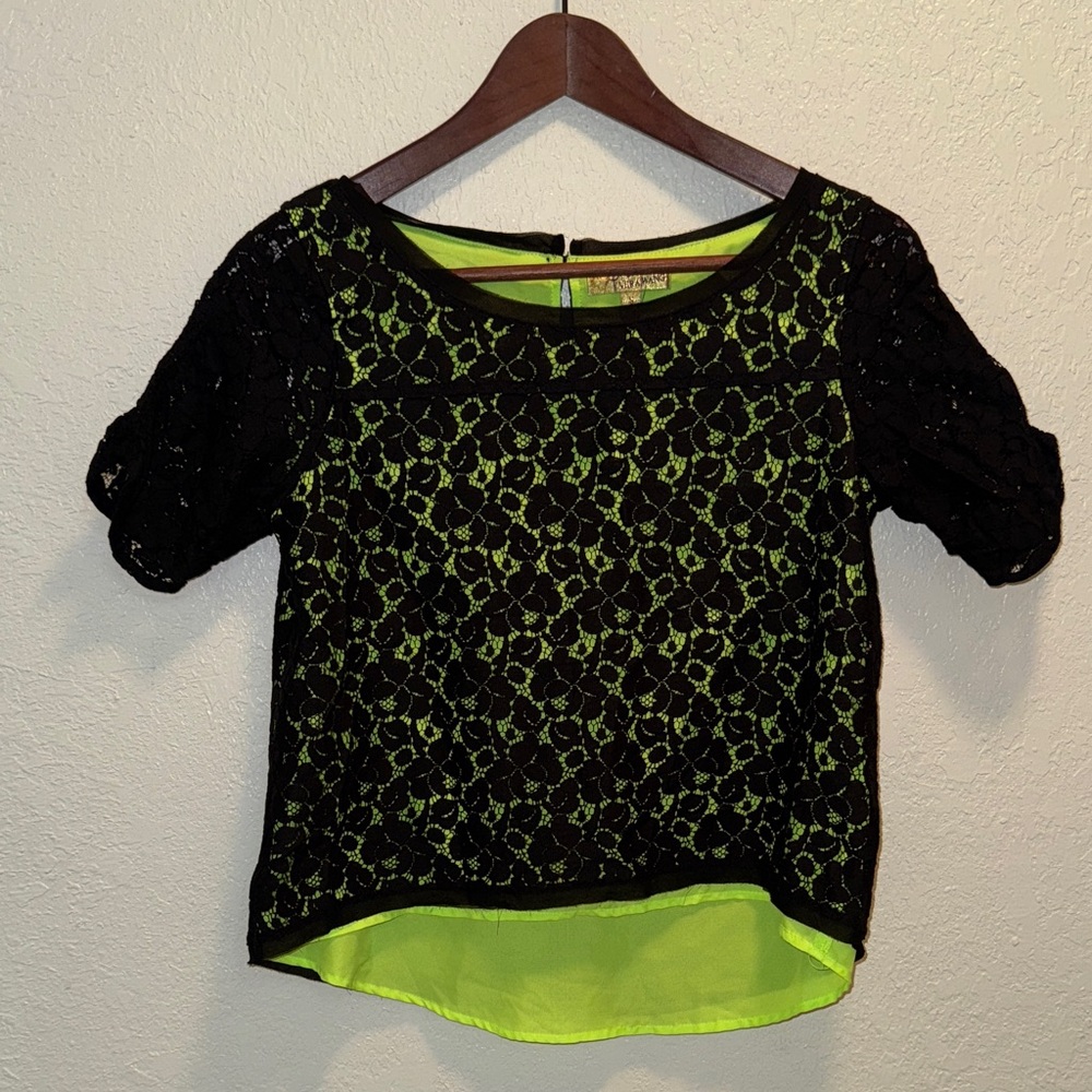 Vera Wang Black and Neon Green Lace Top